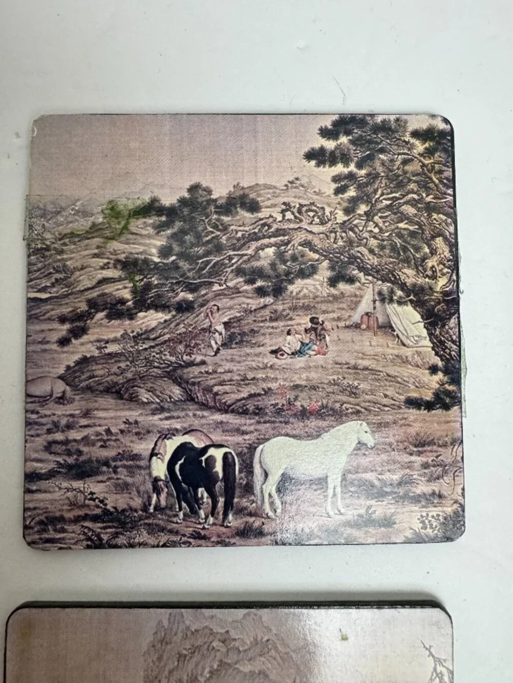 Vintage Set of 6 Decorative Coasters Asian - Inspired Pastoral Landscape Horses